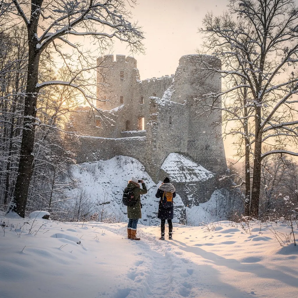 Visitors exploring the ancient walls of a historic fortress, surrounded by lush greenery and scenic vistas.